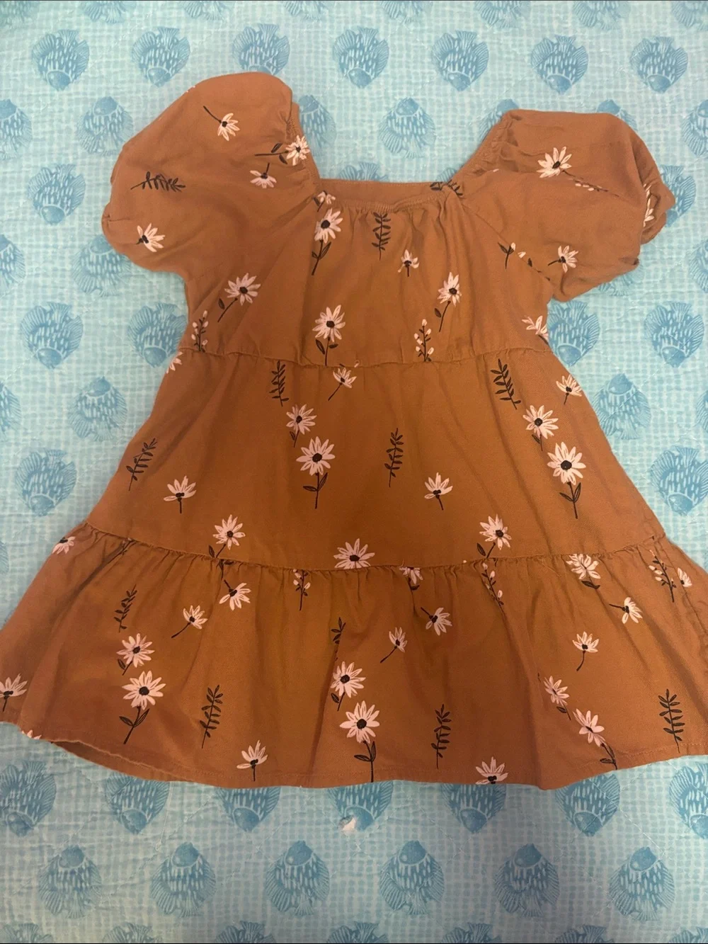 Girls' Rust Floral Puff-Sleeve Tiered Dress